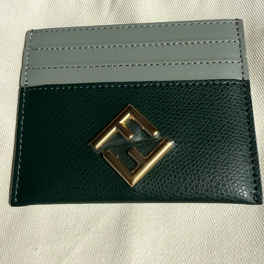 Fendi Green & Light Gray Leather Card Case with Gold FF Emblem - Picture 2 of 7